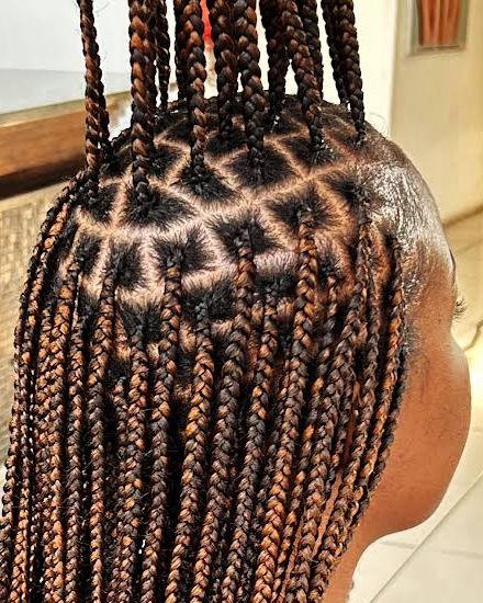 Close-up of brown box braids with neat triangle parts